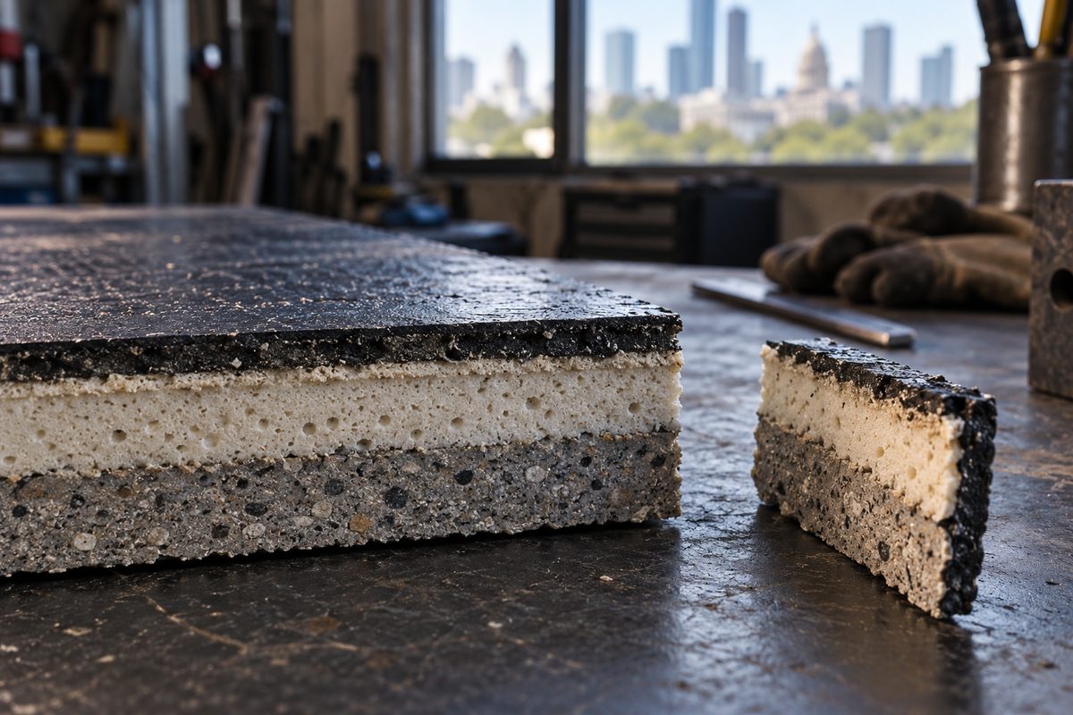 Cross-section of a layered industrial material beside a cut sample
